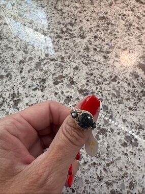Gold-Tone Black Stone Cocktail Ring - Size 7